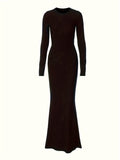 Slim Solid Color Dress, Elegant Long Sleeve Dress For Spring & Fall, Women's Clothing