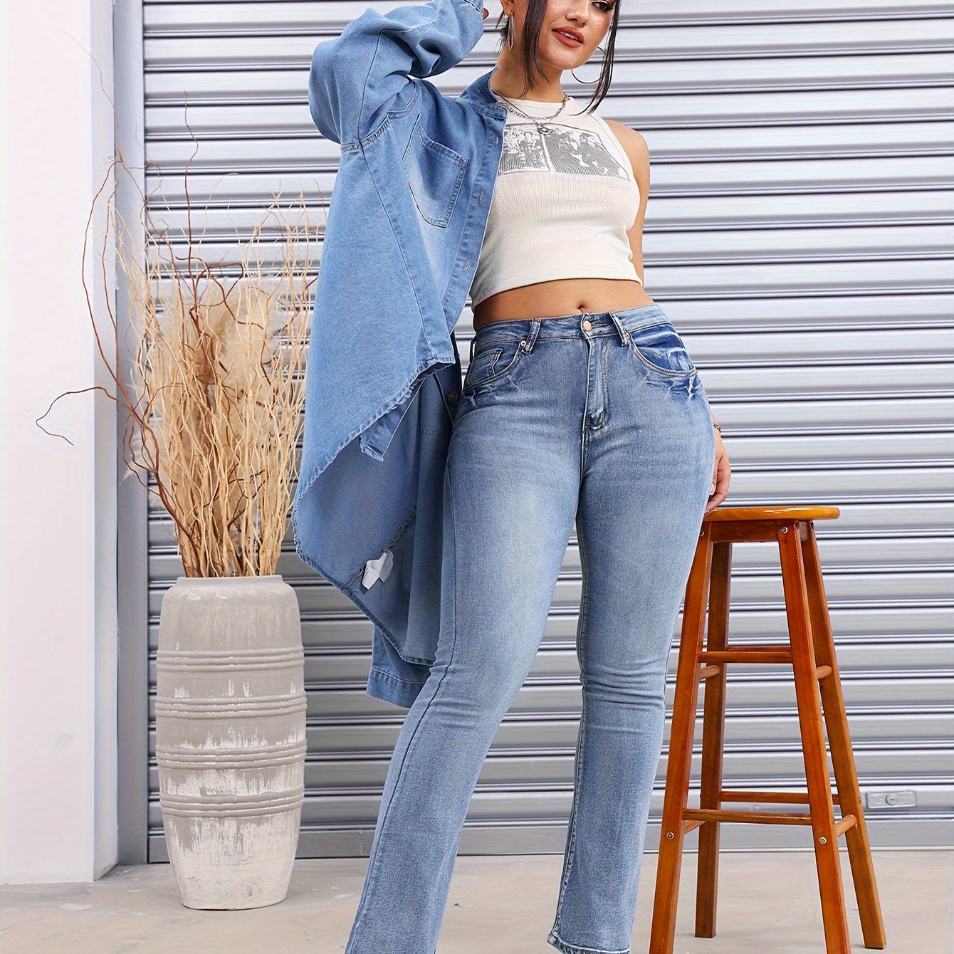 vlovelaw  High Stretch Casual Skinny Jeans, High Waist Slant Pockets Denim Pants, Women's Denim Jeans & Clothing