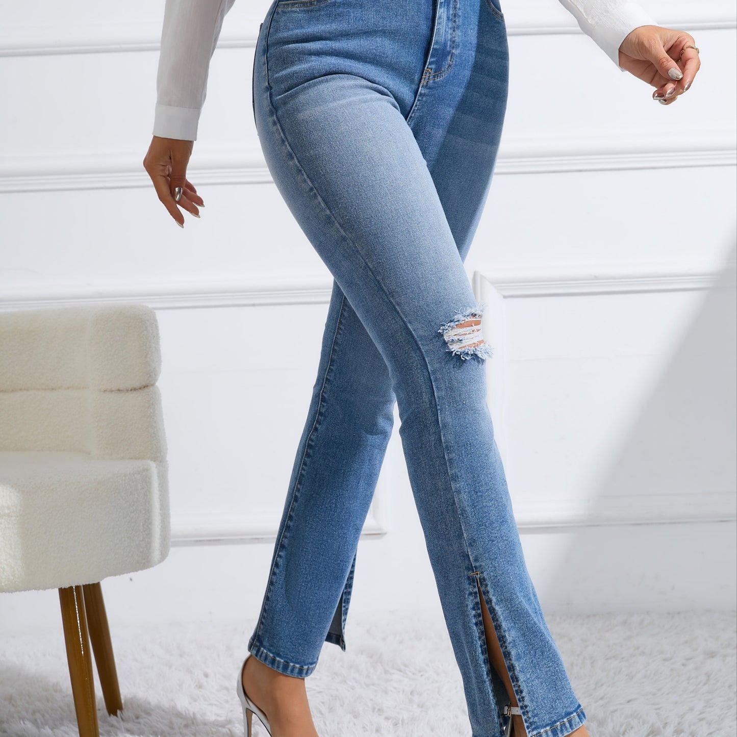 vlovelaw  Side Split Ripped Holes Flare Jeans, Button Zipper Fly Washed Casual Denim Pants, Women's Denim Jeans & Clothing