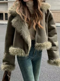 vlovelaw  Faux Fur Trim Zip Up Jacket, Elegant Long Sleeve Warm Outerwear For Fall & Winter, Women's Clothing