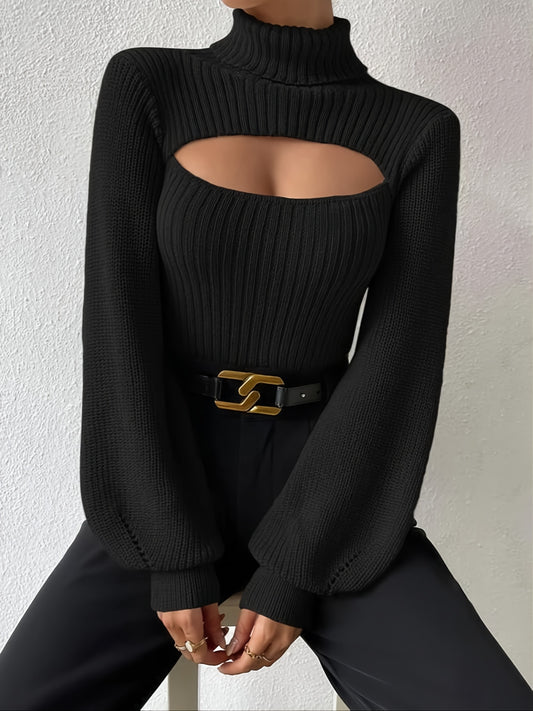 vlovelaw Solid Turtleneck Cut Out Pullover Sweater, Casual Long Sleeve Sweater For Spring & Fall, Women's Clothing