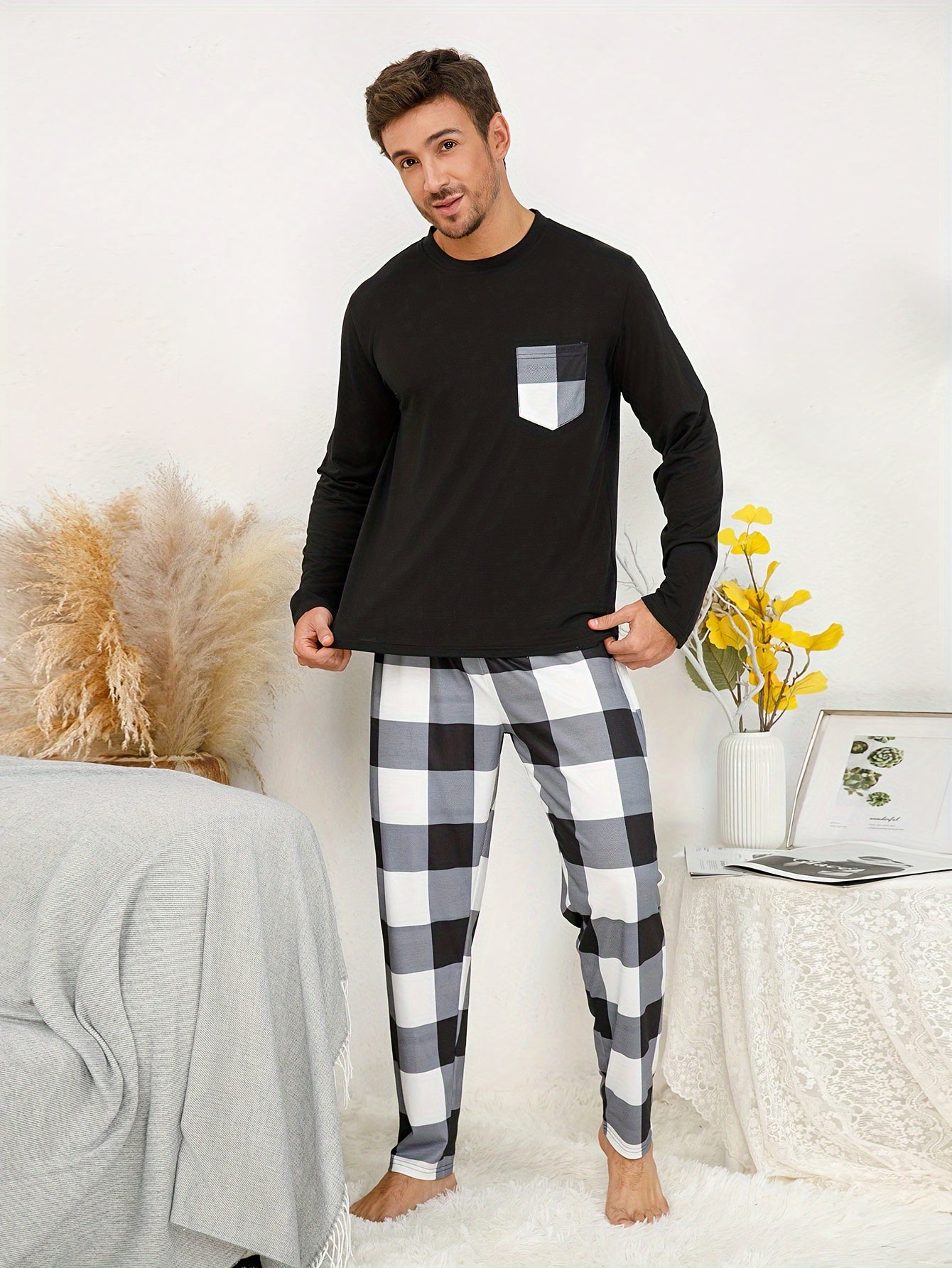 2 Pcs Mens Plaid Pajama Sets with Pocket - Soft, Breathable, and Stretchy Crew Neck Long Sleeves & Loose Fit Pants for Cozy Loungewear - Comfortable, Skin-Friendly, and Asymmetrical Design for Spring and Fall