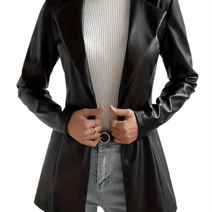 vlovelaw  One Button PU Jacket, Elegant Lapel Open Front Long Sleeve Outerwear, Women's Clothing