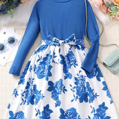 vlovelaw  Girls Long Sleeves Round Neck Flowers Splicing Belted Dress For Party Kids Spring Clothes