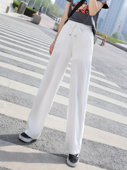 vlovelaw  Minimalist Solid Drawstring Pants, Casual Long Length Elastic Waist Wide Leg Pants, Women's Clothing