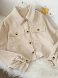 Flap Pockets Corduroy Crop Jacket, Casual Long Sleeve Jacket For Fall & Winter, Women's Clothing