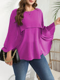 vlovelaw  Plus Size Elegant Blouse, Women's Plus Solid Layered Mesh Batwing Sleeve Round Neck Shirt Top