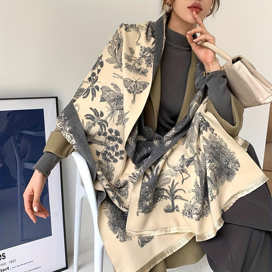 vlovelaw Vintage Plant Flower Jacquard Scarf Imitation Cashmere Elegant Soft Warm Cozy Fringe Shawl Autumn Winter Coldproof Windproof Blanket Scarf