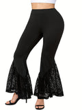 vlovelaw Plus Size Casual Pants, Women's Plus Plain Contrast Lace High Stretch Skinny Flare Leg Pants