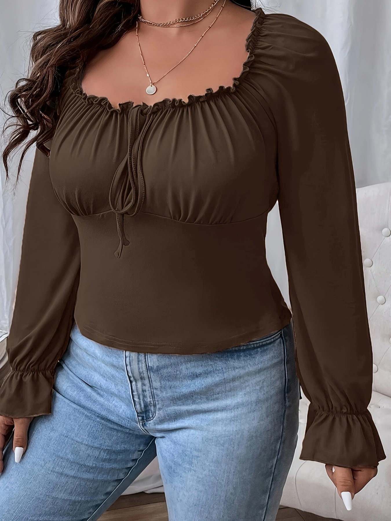 vlovelaw  Plus Size Casual Top, Women's Plus Solid Lettuce Trim Flounce Sleeve Tie Front Square Neck Slim Fit Top