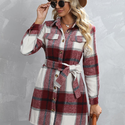 Button Plaid Tie Waist Jacket, Casual Long Sleeve Jacket For Fall & Winter, Women's Clothing