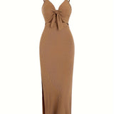 vlovelaw  Sexy Spaghetti Strap Ribbed Knot Cutout Side Split Maxi Dress, Solid Body-Con Dress For Spring & Fall, Women's Clothing