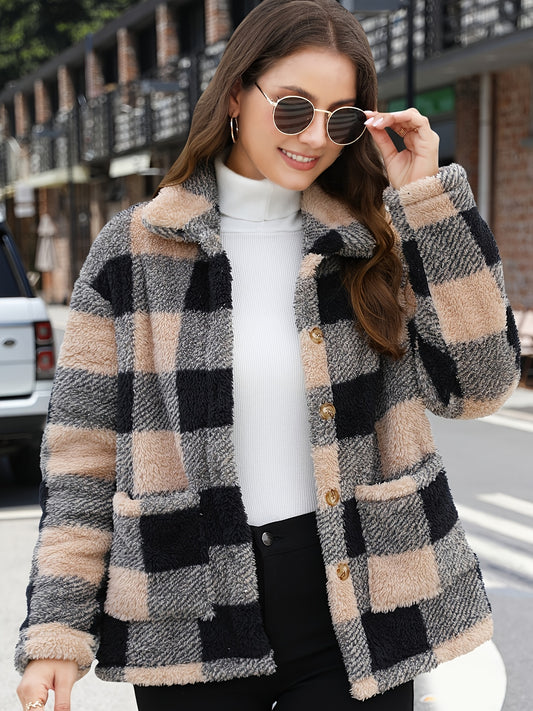 vlovelaw Plaid Print Patched Pockets Teddy Coat, Versatile Long Sleeve Single Breasted Winter Outwear, Women's Clothing