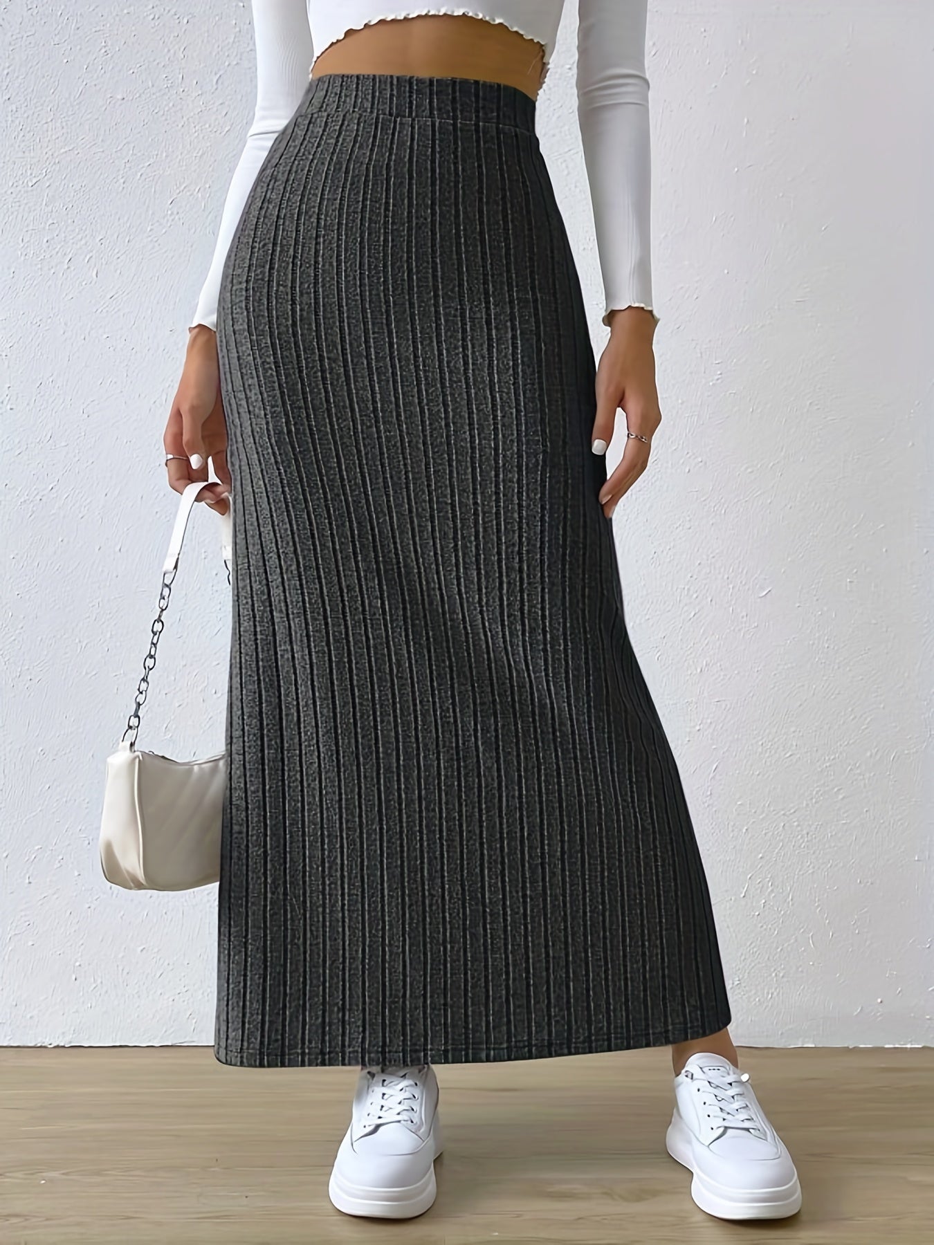 vlovelaw  Ribbed Slit Hem Skirt, Casual Ankle Length Skirt For Spring & Summer, Women's Clothing