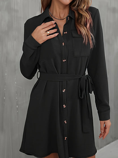 Solid Button Front Shirt Dress, Elegant Long Sleeve Dress With Pockets, Women's Clothing