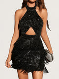 Sequined Tassel Trim Cutout Dress, Elegant Halter Neck Sleeveless Dress, Women's Clothing