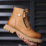 Vintage Men's Motorcycle Boots | Windproof, Anti-skid Sole | Side Zip, Lace-up | Multi-season Outdoor Footwear