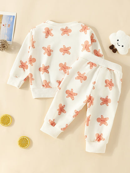 Baby Cute Cartoon Allover Print 2pcs Outfits, Toddler's Christmas Casual Pullover Top Pants Set