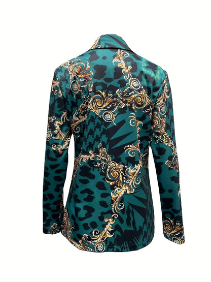 Full Printed Lapel Blazer, Casual Open Front Long Sleeve Outerwear, Women's Clothing