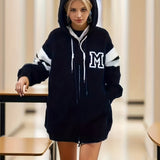 vlovelaw Letter M Print Zip Up Drawstring Hoodie, Casual Long Sleeve Loose Hooded Coat For Fall & Winter, Women's Clothing