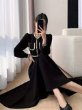 Contrast Trim Cuff Sleeve Button Dress, Elegant V Neck A-line Dress For Spring & Fall, Women's Clothing