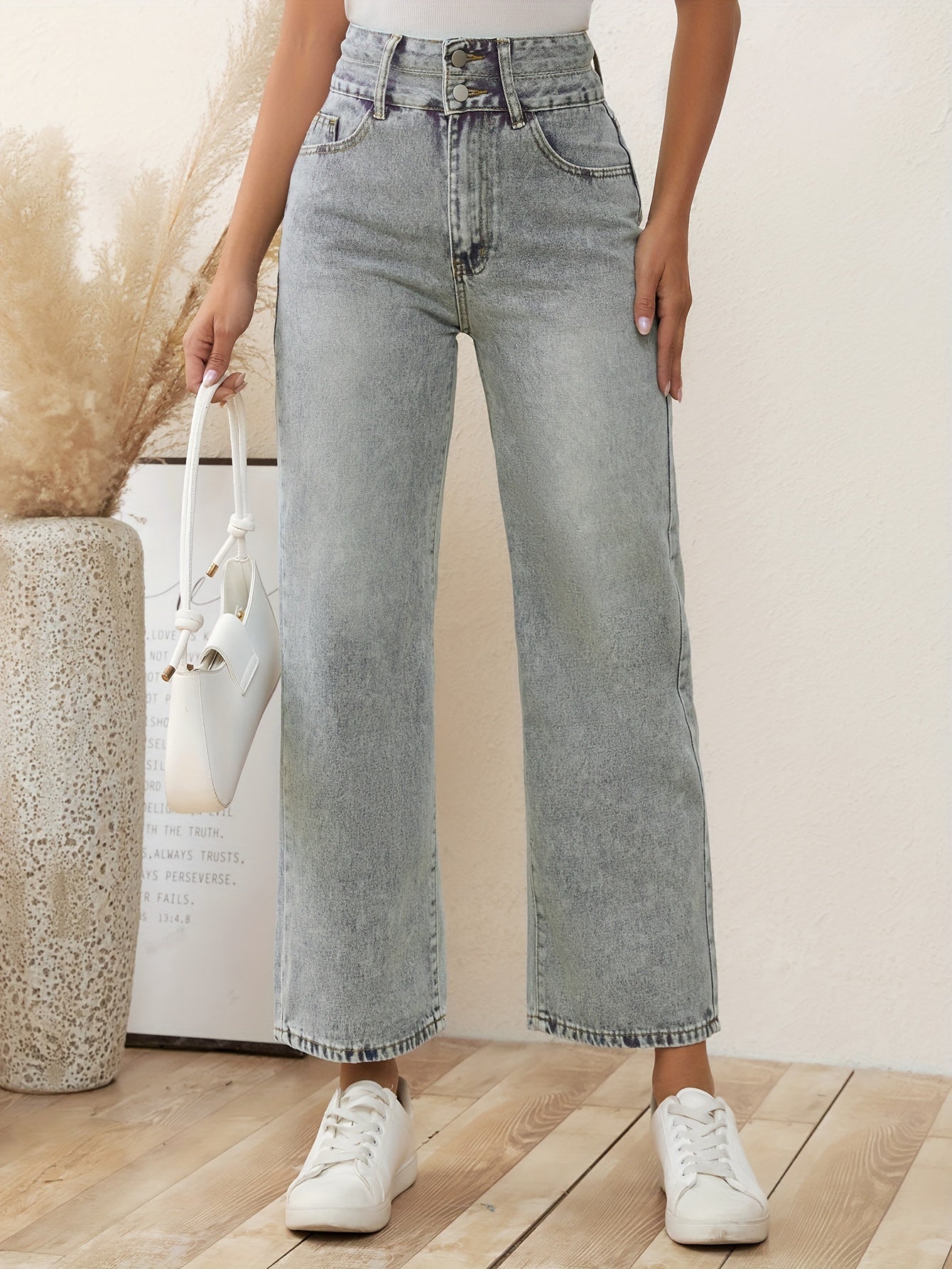 vlovelaw Double Button Washed Straight Jeans, Loose Fit Non-Stretch Denim Pants, Women's Denim Jeans & Clothing