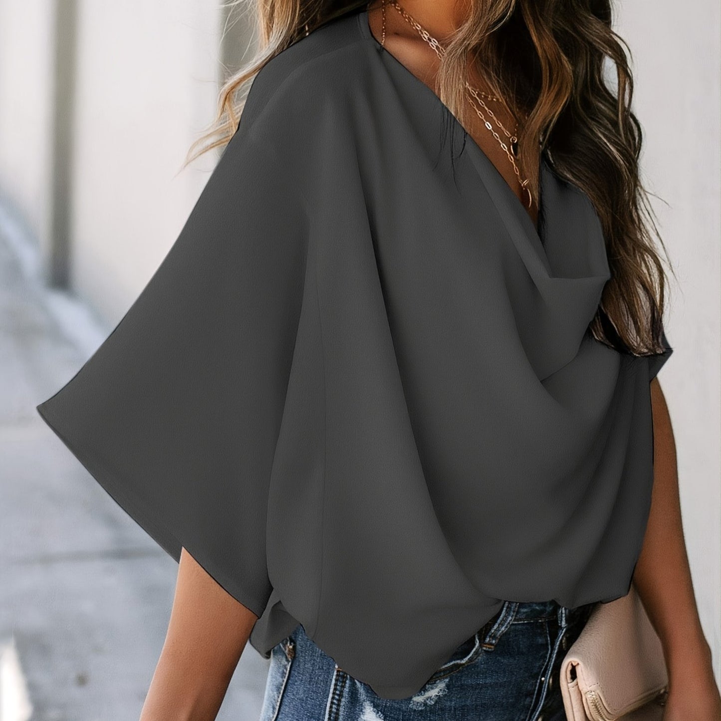 Women's Blouse V-neck Loose Casual Fashion Chiffon Solid Blouse