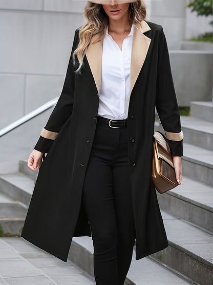 vlovelaw  Button Front Contrast Trim Trench Coat, Casual Long Sleeve Trench Coat, Women's Clothing