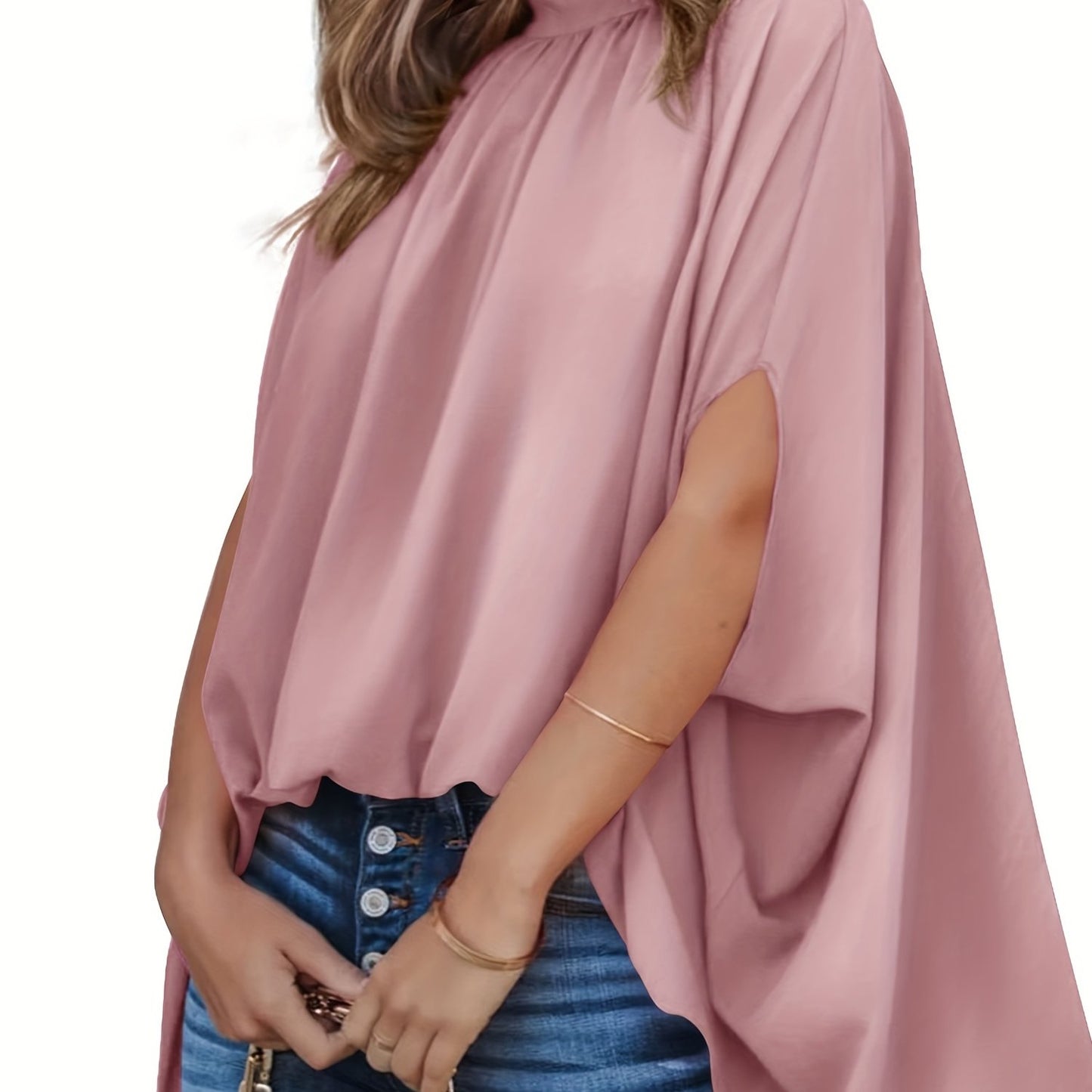 vlovelaw Solid Batwing Sleeve Blouse, Casual Ruched High Collar Loose Blouse, Women's Clothing