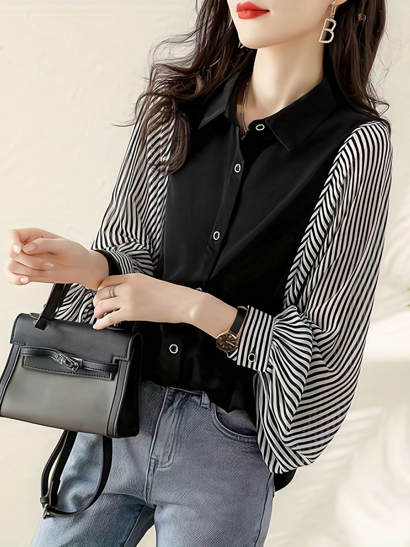 Striped Print Splicing Shirt, Casual Button Front Long Sleeve Shirt, Women's Clothing