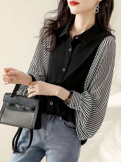 Striped Print Splicing Shirt, Casual Button Front Long Sleeve Shirt, Women's Clothing