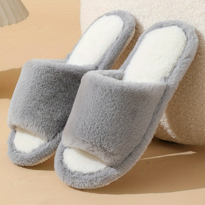 Elegant Solid Color Fluffy Slippers, 2 Fuzzy Plush Indoor Home Non-Slip Slippers, Indoor Warm Cozy Shoes