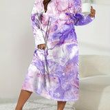 vlovelaw Plus Size Elegant Loungewear Dress, Women's Plus Tie Dye Fluid Print Long Sleeve Round Neck Sleep Dress