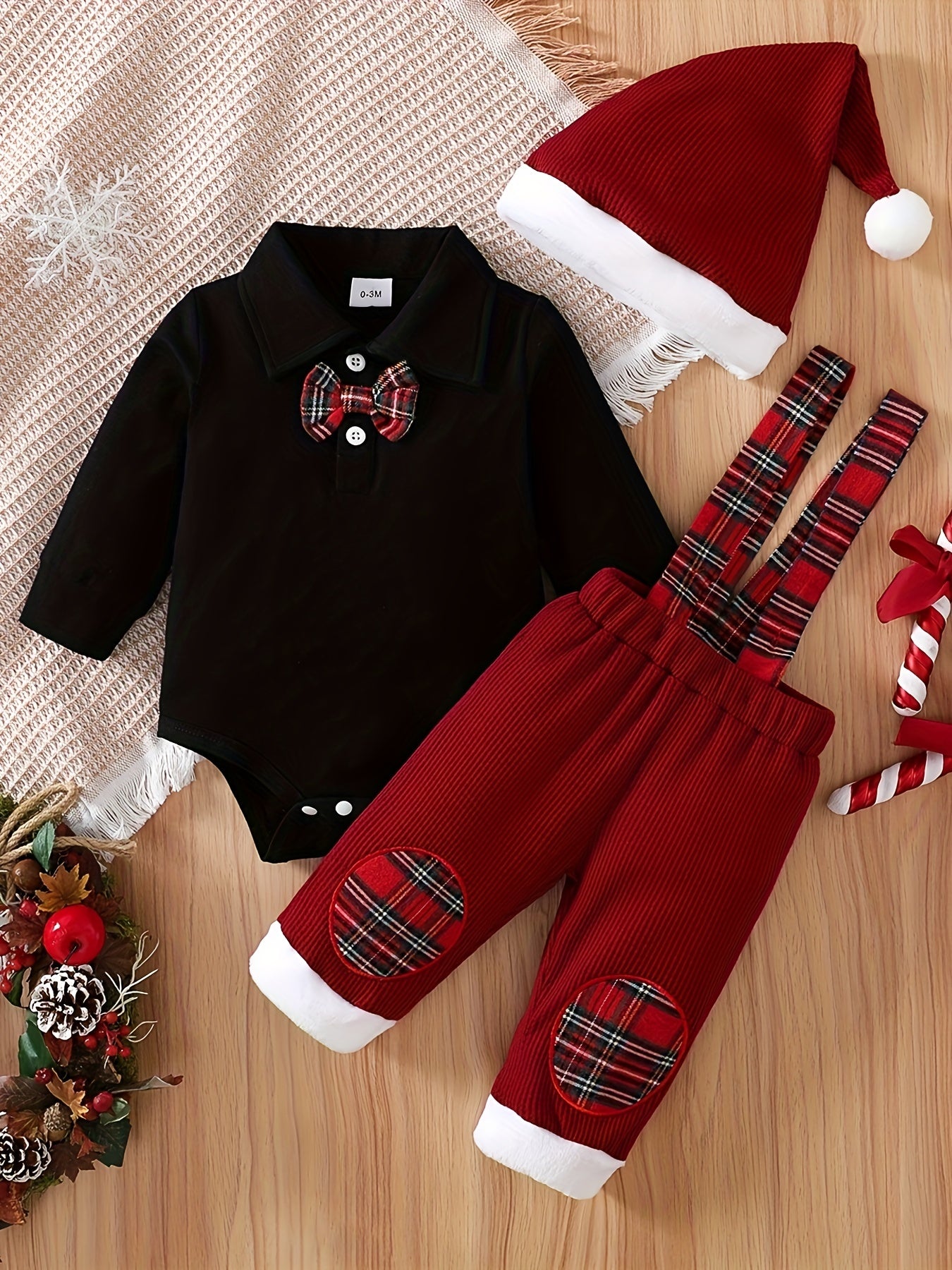 Toddler Baby Boys Bow Tie Long Sleeve Romper + Waffle Splicing Bib Pants + Hat 3pcs Cute Outdoor Set Party Christmas Outfit