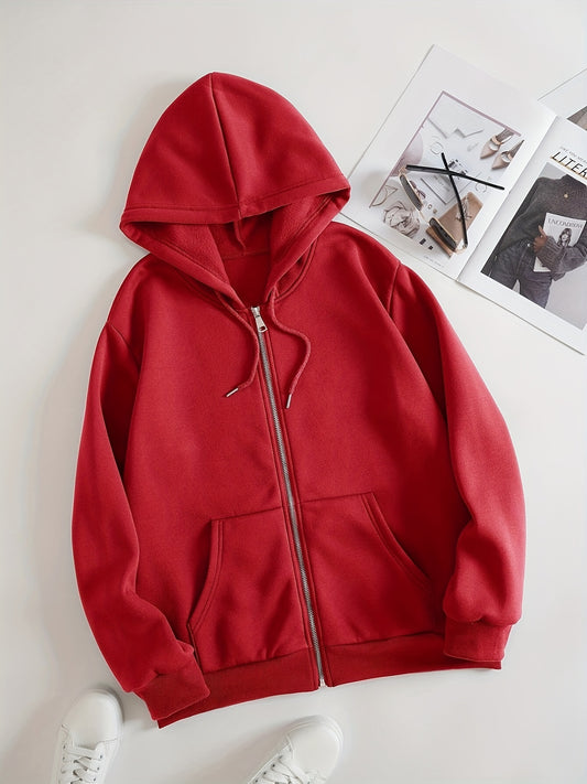 vlovelaw  Solid Color Hooded Zipper Sweatshirt, Drawstring Front Pocket Pullover Sports Hoodie Jacket, Women's Sporty Sweatshirts