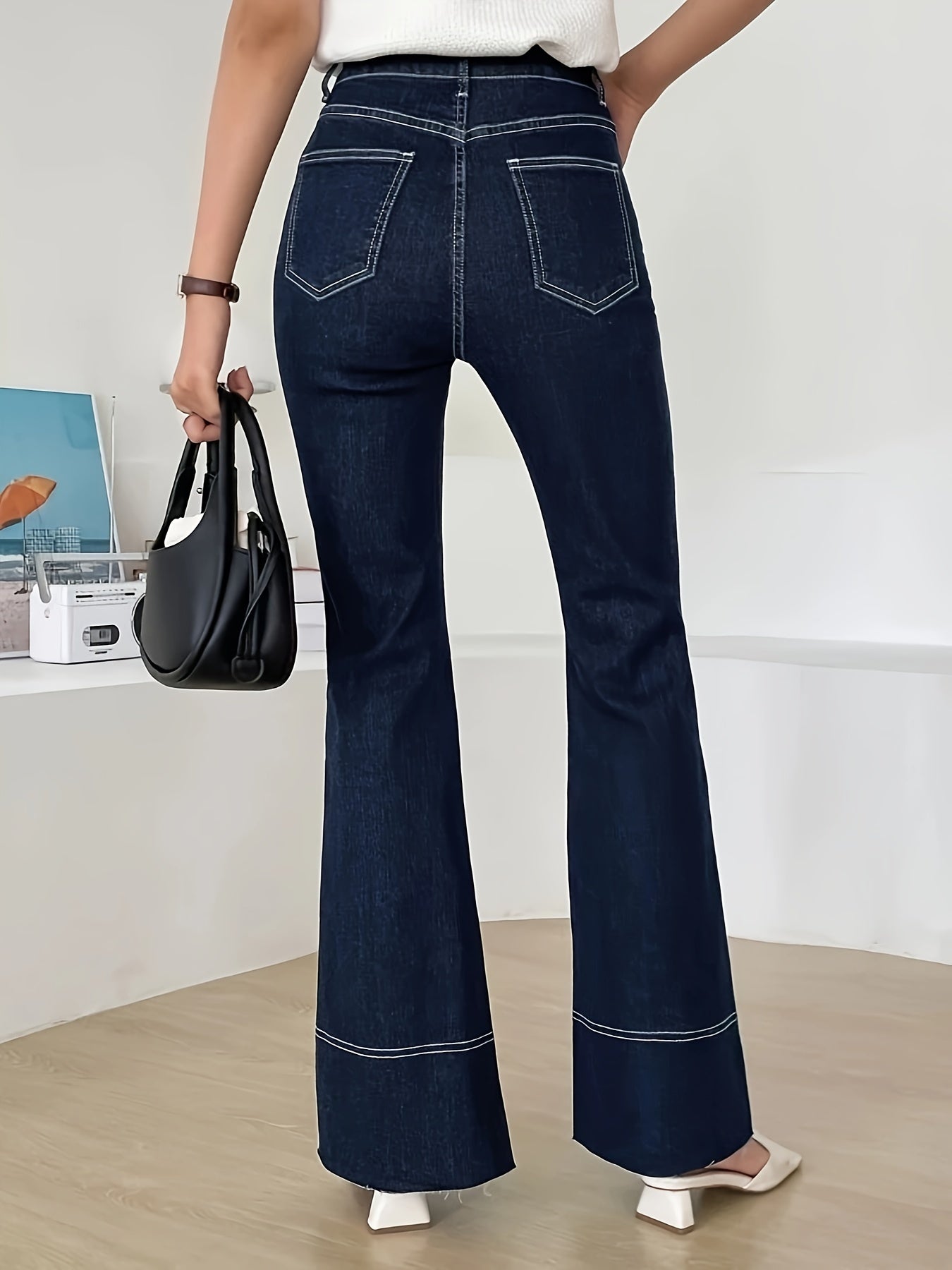 vlovelaw  Contrast Seam Stitching Asymmetric Button Waist Detail Flare Leg Jeans, Plain Dark Blue Medium Stretch Unique Denim Pants, Women's Denim Jeans & Clothing