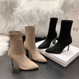 Cross-Border  Oversized Knit Elastic Socks Boots  New Internet Hot Casual Breathable High Heel Pointed Flying Woven Boots