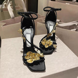 VLOVELAW  European and American New Open Toe Square Toe Metal Flower Decorative Flower Advanced Silk High Heel Stiletto Ankle-Strap Buckle Rhinestone Sandals