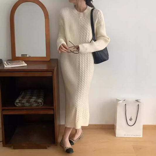 VLOVELAW retro crew neck twist knitted dress women's autumn and winter loose with coat sweater skirt with bottom long dress