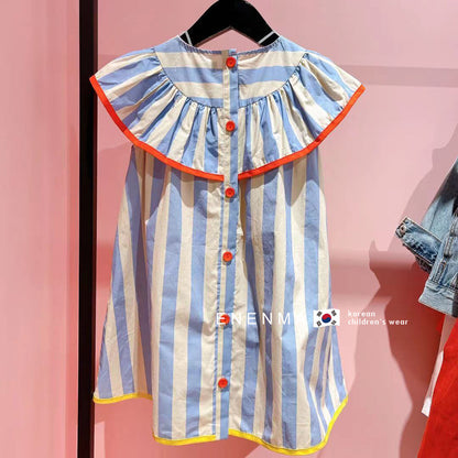 VLOVELAW South Korea Children's Clothing  Summer New Girls' Large Lapel Striped Dress Children's Little Girl Sleeveless Princess Dress