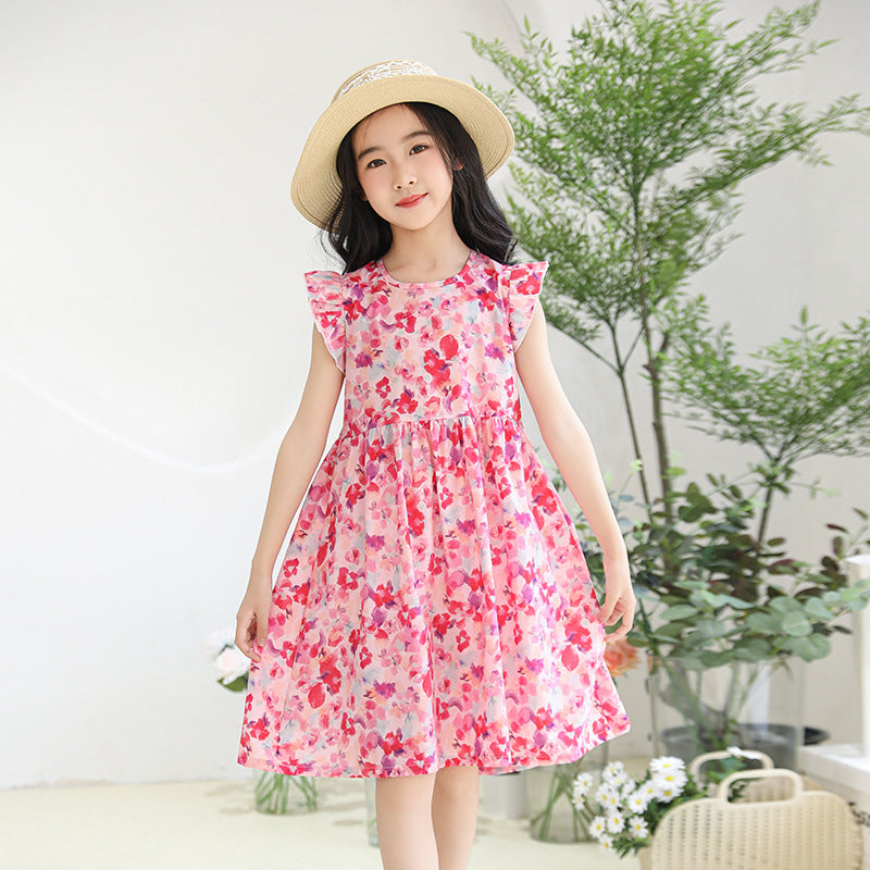 VLOVELAW Girls' Floral Dress Artificial Cotton Nightdress Summer Ruffles Flounced Sleeve Princess Dress Middle and Big Children Little Girl A- line Skirt