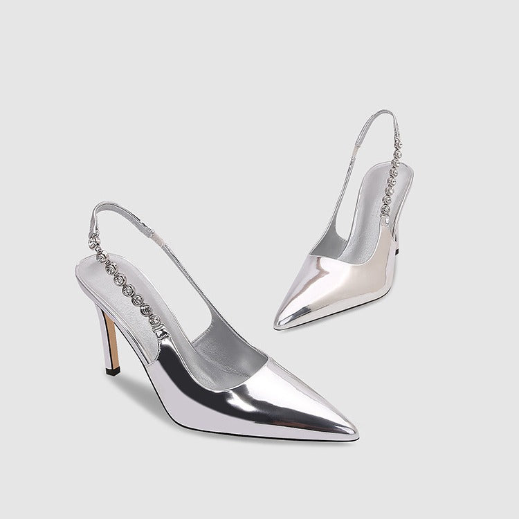 VLOVELAW  Silver Wedding Shoes Pointed Toe Rhinestone Back Empty High Heels Spring and Summer New Toe Cap Stilettos Chain Sexy All-Matching Women's Sandals