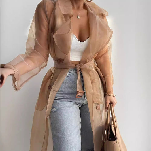 VLOVELAW 5813#  Spring and Summer Solid Color Loose Thin Lantern Sleeve Cardigan Mid-Length Shirt Coat