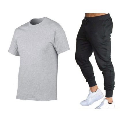 VLOVELAW  Summer Men's Solid Color Simple Set Crew Neck Cotton T-Shirt + Trousers Fashion Hundred. Match Two-piece Set