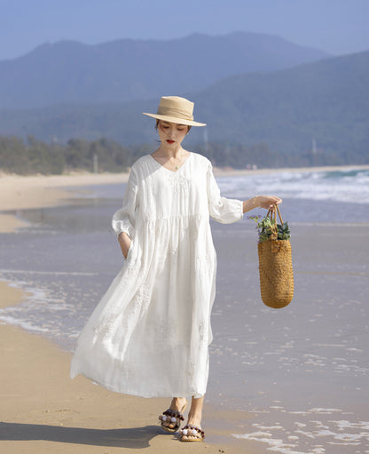 VLOVELAW Spring and Summer Loose Ramie High-End Machine Embroidery  Style V-neck Travel Elegant Fairy White Dress