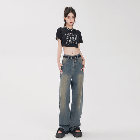 Hey Jeans Vintage Starry Sky Pattern Jeans Women's Spring and Autumn High Waist Loose and Slimming Wheat Wide-Leg Pants