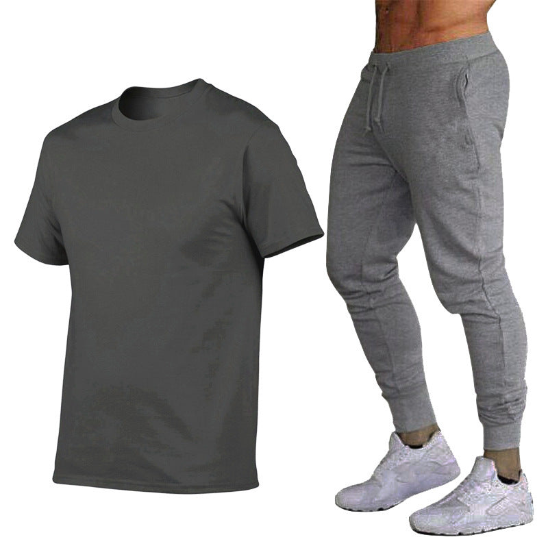 VLOVELAW  Summer Men's Solid Color Simple Set Crew Neck Cotton T-Shirt + Trousers Fashion Hundred. Match Two-piece Set