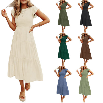 VLOVELAW European and American Foreign Trade Cross-Border Women's Clothing  Popular Pinfei Flounced Sleeve Pleating Layered Short Sleeve Large Swing Dress