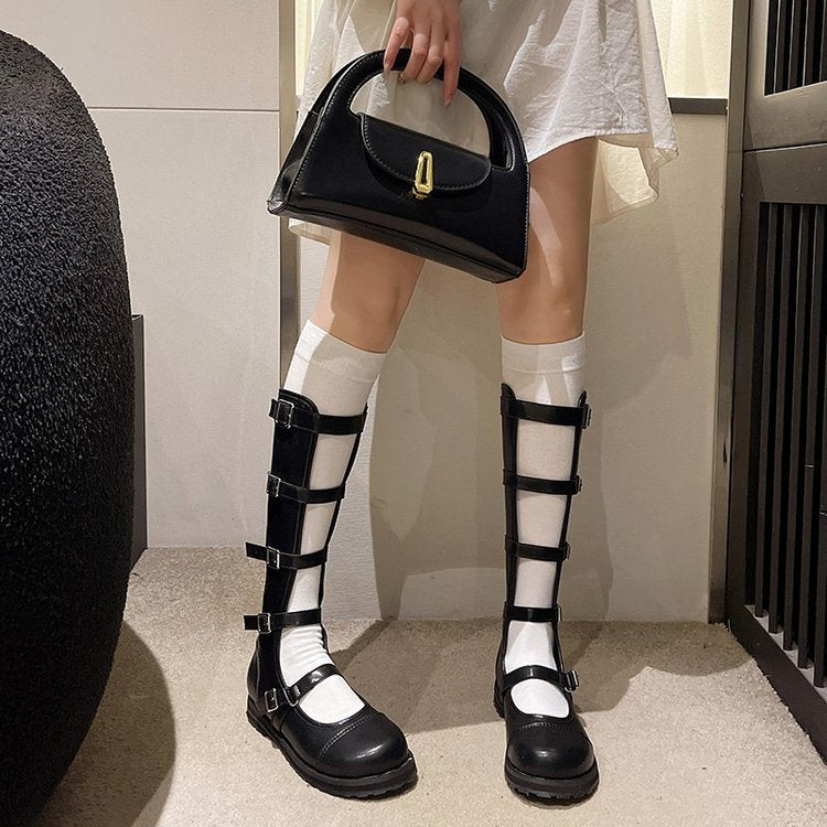 South Korea Dongdaemun Thin Belt Buckle Hollow out Frye Boot  Summer New Square Heel Niche Roman Sandals Women