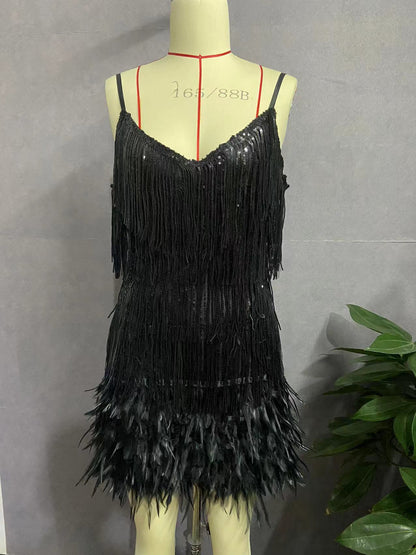 XIEYINSHE Gy2186 Fashion Tassel Sequins Feather Stitching Dress Dress  in Stock